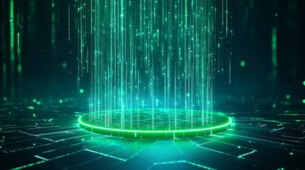 Futuristic digital landscape with vibrant green data streams and a glowing circular platform, ideal for tech-themed projects. Stage for product presentation.