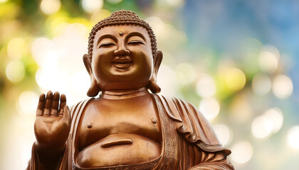 Wall Mural - Ancient golden Buddha sculpture, symbol of peace and meditation, stands isolated in a Thai temple garden