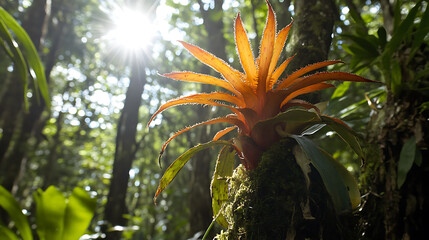 Wall Mural - A rare bromeliad plant perched high in the rainforest canopy, capturing sunlight and water in its central reservoir 