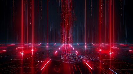 Futuristic digital landscape with vibrant red light beams and a glowing circuit backdrop, ideal for technology and innovation themes. Stage for product presentation.