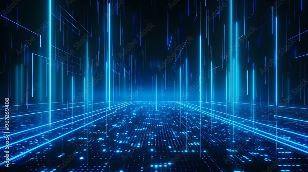 Futuristic glowing blue interface with digital lines and patterns ...
