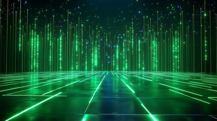 Futuristic green abstract landscape with glowing light beams, ideal for technology and digital art concepts. Stage for product presentation.