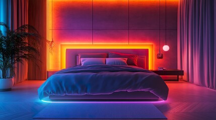 Wall Mural - Stylish bedroom design with sleek lighting and elegant bedding for a chic and modern vibe.