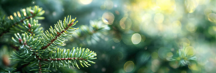 winter landscape with green pine tree branch with soft bokeh light in the background, creating a serene and natural atmosphere. banner