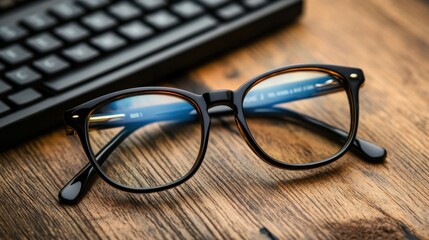 Canvas Print - Black Eyeglasses on a Wooden Surface