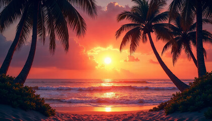 tropical beach at sunset with sparkling ocean, light sand, and a blurred horizon.
