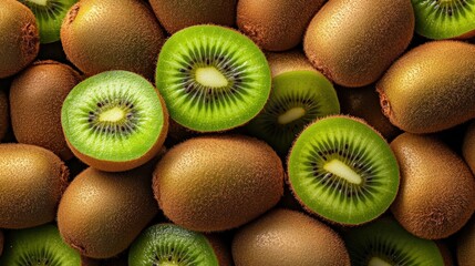 A close-up of market-ready kiwifruits (Actinidia deliciosa), with their fuzzy brown skins and green interiors