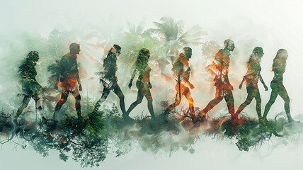 A group of people walking through the forest, a black and white image of travelers and wild nature in watercolor style