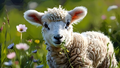 Wall Mural - Charming lamb munching on blooms in a vibrant meadow