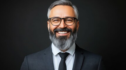 Wall Mural - A man with a beard and glasses is smiling and wearing a suit. He is wearing a tie and a jacket