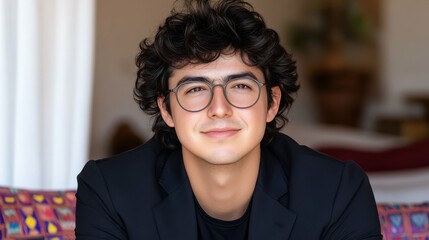 Poster - A man with glasses is smiling and wearing a black suit. He is sitting on a couch. Concept of confidence and professionalism