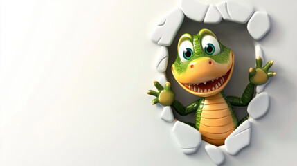 Wall Mural - Cute green crocodile peeking out of a hole, cartoon isolated on a white background