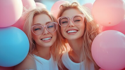 Two women wearing pink glasses and smiling with pink balloons in the background. Scene is happy and playful