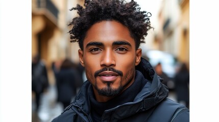 Poster - A man with a beard and dreadlocks is wearing a black jacket and scarf. He is standing in front of a building