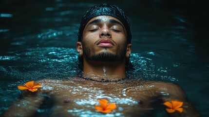 Wall Mural - A man is floating in a pool with orange flowers in his hair