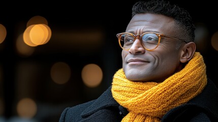 Wall Mural - A man wearing glasses and a yellow scarf is looking at the camera. The image has a warm and inviting mood, with the man's smile and the bright color of his scarf