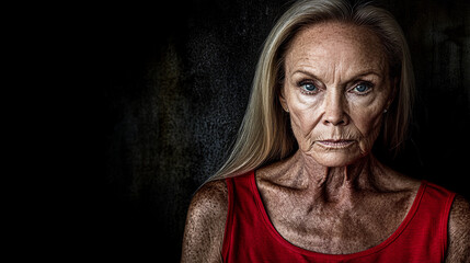 Poster - A woman with a red tank top and long blonde hair. She has a serious look on her face