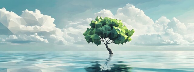 A low-polygonal tree on water with green polygonal leaves, simple background, sky, clouds