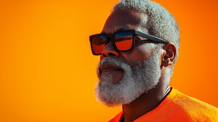 Poster - A man with a beard and gray hair is wearing sunglasses and an orange shirt. The image has a warm and friendly mood, as the man is enjoying himself and looking relaxed