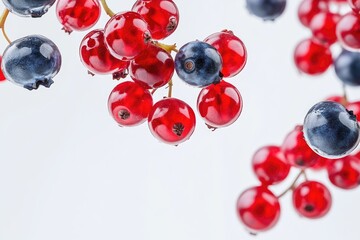 Wall Mural - Vibrant Red Currants and Blueberries Floating on White Background – Perfect for Print, Card, Poster Design