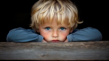 Poster - A young blonde boy with blue eyes is sitting on a wooden bench. He looks sad and is looking down at the ground