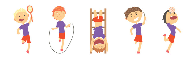 Sticker - Little Boy Do Sport and Physical Activity Vector Set