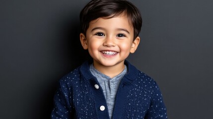 Poster - A young boy is smiling and wearing a blue sweater. Concept of warmth and happiness, as the child appears to be enjoying himself