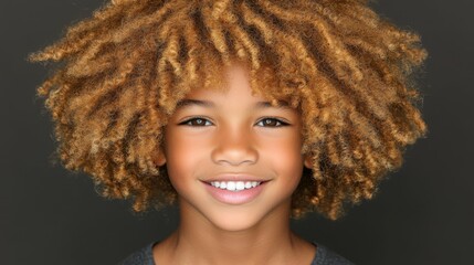 Poster - A young boy with curly hair is smiling and looking at the camera. The image has a warm and friendly mood, and the boy's smile suggests that he is happy and comfortable in the situation