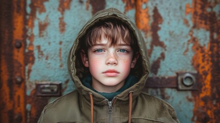 Poster - A boy wearing a green hoodie and a green jacket. He has blue eyes and a red head