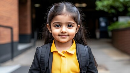 Wall Mural - A young girl wearing a yellow shirt and black jacket is smiling. She is standing in front of a brick building