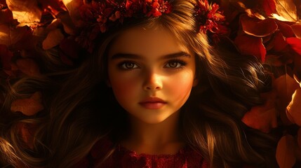 Poster - A young girl with long brown hair and a red flower crown. The girl is wearing a red dress and is surrounded by autumn leaves