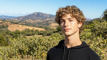 Poster - A young man stands in a field with a hoodie on. The field is surrounded by trees and mountains in the background