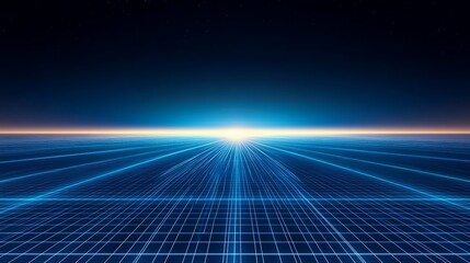 A futuristic blue grid landscape with glowing horizon, perfect for technology and digital themes.