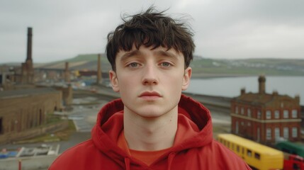 Poster - A man in a red hoodie stands in front of a building with a yellow bus in the background