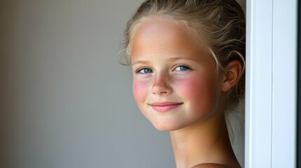 A young girl with a red face stands in front of a white wall. She is smiling and looking at the camera