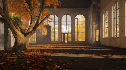 photo of abandoned old building with autumn trees and foliage