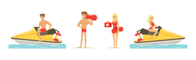 Poster - Beach Rescue Man and Woman Character Performing Duties Vector Set