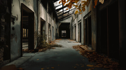  Photo of abandoned old building with autumn trees and foliage