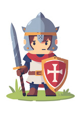 Wall Mural - a cute little knight holding a sword and shield, a simple flat vector illustration on a white backgr