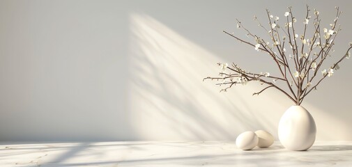Poster - A serene composition featuring white eggs and a branch, casting soft shadows on a light surface, perfect for spring aesthetics.