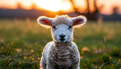 Wall Mural - Charming lamb basking in a sunlit meadow at dawn