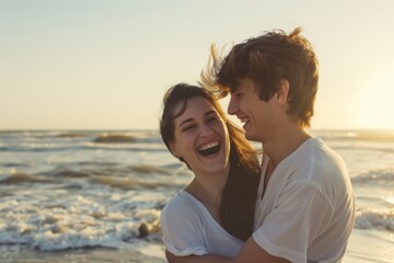 A couple enjoys a fun and romantic moment at the beach, their genuine laughter capturing the essence of bliss.