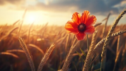 Wall Mural - Poppy in a Field of Wheat at Sunset