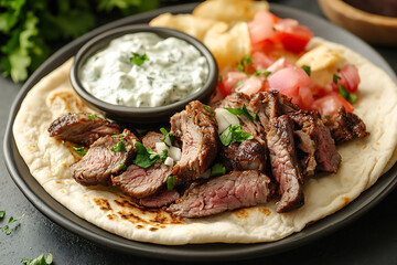 Wall Mural - A delicious plate featuring grilled meat, flatbread, sauce, and fresh vegetables.