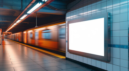 Blank poster frame mockup in subway station, blurred train passing