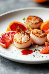 Wall Mural - Seared scallops with blood orange segments arranged beautifully on a white plate showcasing vibrant colors and elegant design