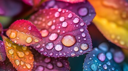 Wall Mural - A close-up view of vibrant red, orange, and blue leaves covered in glistening water droplets.