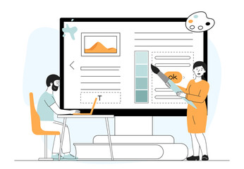 Team of web designers. Man and woman developing design for web page, application or program. Freelancers and coworkers working on common project on Internet. Linear vector illustration