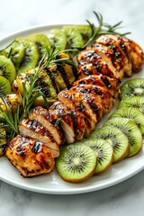 Wall Mural - Deliciously plated grilled chicken beside fresh kiwi slices arranged with artistic elegance