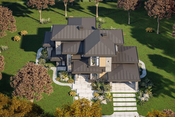 Wall Mural - 3d rendering of modern two story house with gray and wood accents, large windows, parking space in the right side of the building, surrounded by trees and bushes, daylight in autumn day